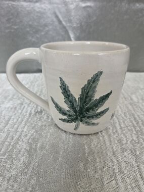 Hand-Painted White Ceramic Mug with Green Hemp Leaf